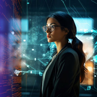 Long-haired woman wearing glasses facing a transparent digital screen displaying orange text on the left and blue interface lines and icons in the background