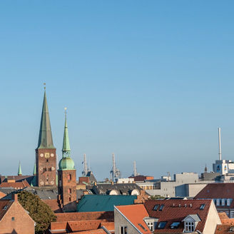 Aarhus, Denmark - October 6, 2021: A view of the landmarks in Aarhus which includes The Church of our Lady and Aarhus Cathedral.