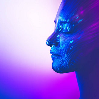 A female face with technical symbols