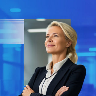 Uma executiva sorrindo enquanto cruza os braços