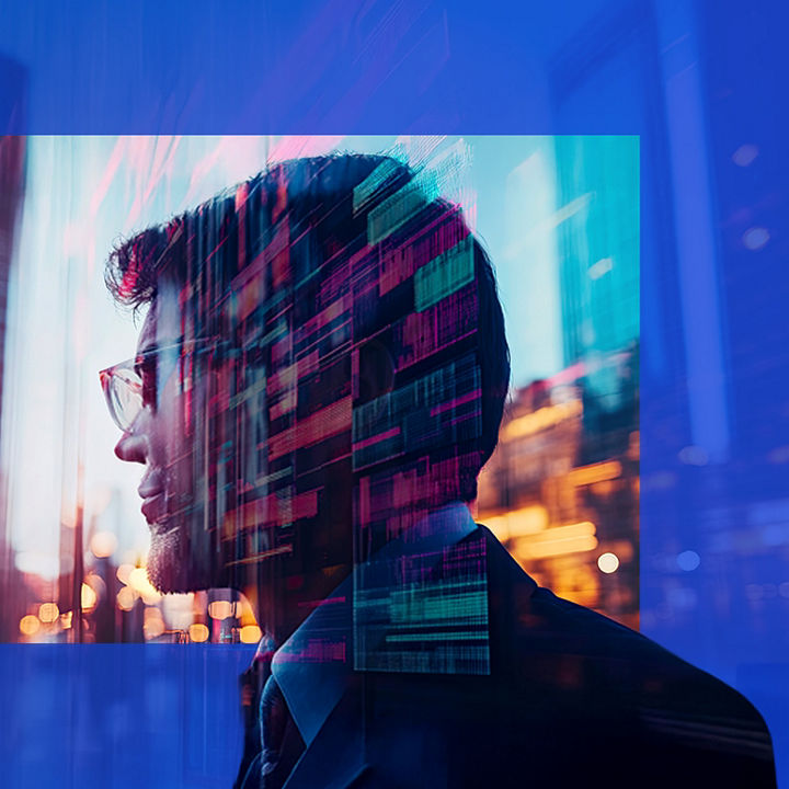 Business man with glasses, looking forward to the future