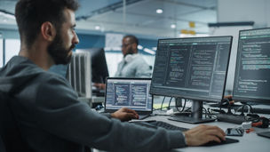 Diverse Office: Enthusiastic White IT Programmer Working on Desktop Computer. Male Specialist Creating Innovative Software. Engineer Developing App, Program, Video Game. Writing Code in Terminal