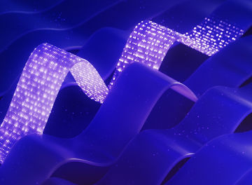 Blue abstract background with light traveling through abstract flat cable illustrating data flow (3D render)