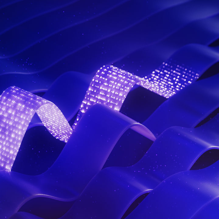 Blue abstract background with light traveling through abstract flat cable illustrating data flow (3D render)