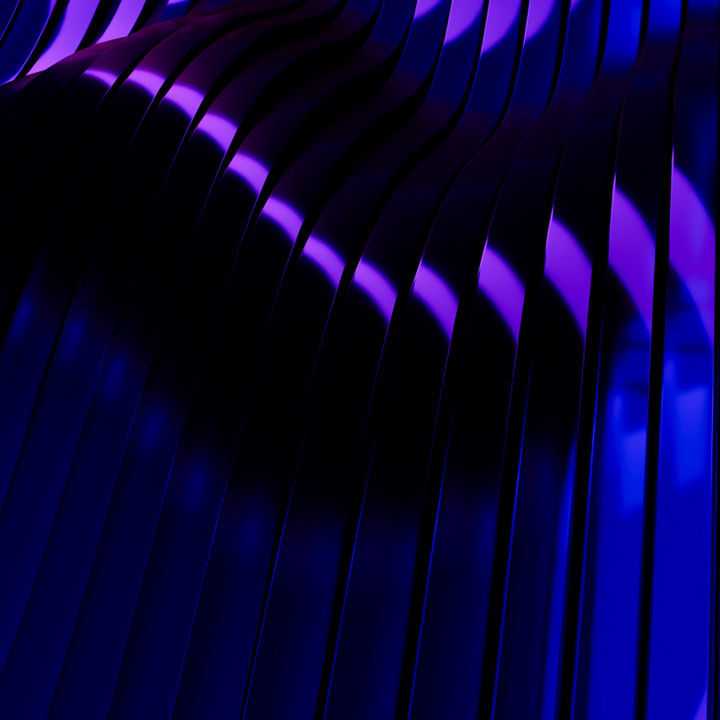 Metallic stripes waving and reflecting vibrant shades of purple and blue light, creating a dynamic and abstract background with modern flair