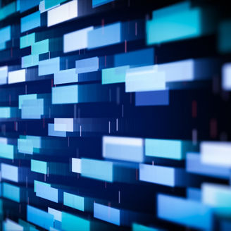 Abstract motion blur illustration of glowing blue and cyan data blocks streaming through a dark background. Represents digital communication, artificial intelligence, blockchain, or fast data transfer in a futuristic network environment.