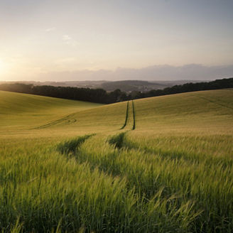 Beautiful Summer landscape of field of growing wheat crop during sunset