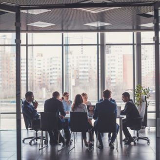 Group of business people with businessman leader on foreground