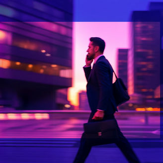 Homem com uma pasta e uma mala a andar na cidade enquanto fala ao telemóvel