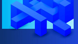 Blocos geométricos azuis entrelaçados sobre fundo azul escuro.