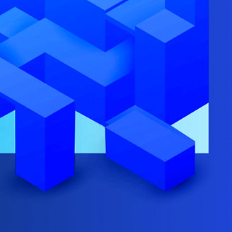 Blocos geométricos azuis entrelaçados sobre fundo azul escuro.