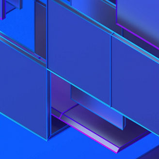Ilustração abstrata em tons de azul, roxo e ciano com formas geométricas tridimensionais sobrepostas, criando um efeito de camadas e profundidade num fundo azul.