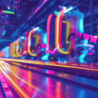 Linha de produção automatizada com braços robóticos e luzes neon
