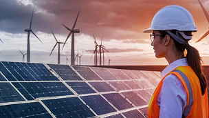 Construction worker at solar panels and windmills