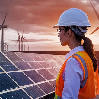 Construction worker at solar panels and windmills