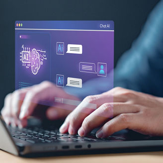 man typing on keyboard with digital ai screen