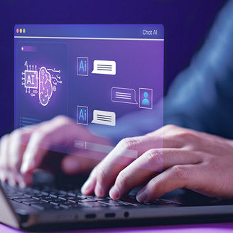 man typing on keyboard with digital ai screen