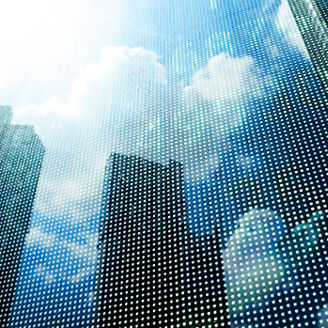 stock market price display with modern building background