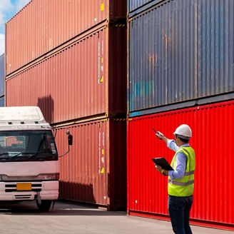 Containers stacked in the background with two people discussing something in the foreground