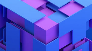 Abstraktes 3D-Gebilde aus gestapelten blauen und violetten Platten und Würfeln, mit weichen Verläufen und Schatten.