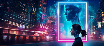 Person standing in the foreground of a nighttime city street scene with illuminated buildings in the background, next to a glowing rectangular frame displaying a large digital profile of a human head