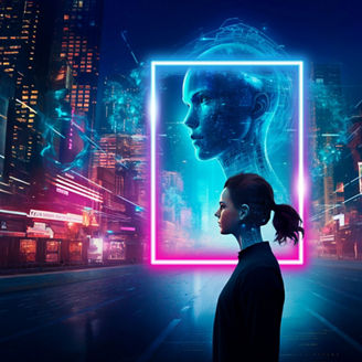 Person standing in the foreground of a nighttime city street scene with illuminated buildings in the background, next to a glowing rectangular frame displaying a large digital profile of a human head