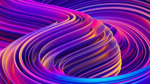 Formas líquidas abstratas em 3D com ondas coloridas em tons de roxo, rosa, azul e amarelo, criando um efeito holográfico e dinâmico.
