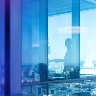 Colleagues shaking hands behind glass