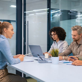 A group of people are sitting at a table in a meeting room