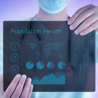 doctor wearing a medical mask holding a file with population health written on it