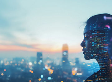 Translucent woman viewing skyline banner