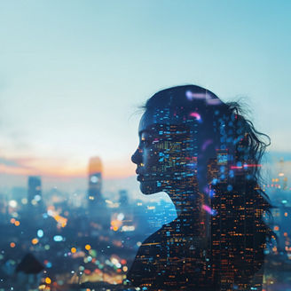 Translucent woman viewing skyline banner