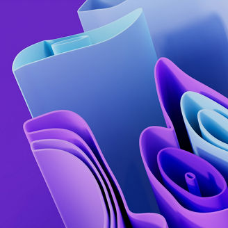 Purple and Blue 3D Ribbons form a Multicolored abstract background. 3D Render with copy-space. 