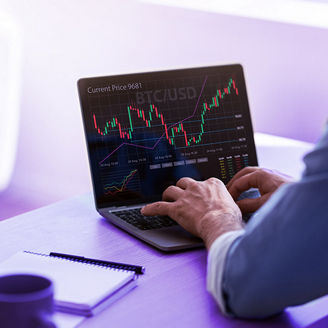 Man die de beurs checkt op laptop