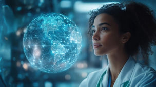Woman staring into space with a digital globe.