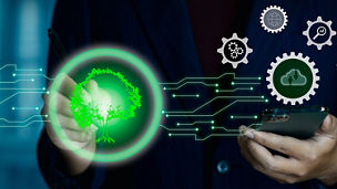 Digital illustration of a green tree connected to technology icons