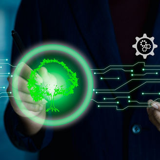 Digital illustration of a green tree connected to technology icons