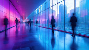Modern interior of an office building, with glass walls in an purple hue, blurred people walking with a motion blur effect, high-resolution photography. --ar 16:9 --stylize 750 --v 6.1 Job ID: b39c4c3f-1951-4f23-8239-1199b4dec95e
