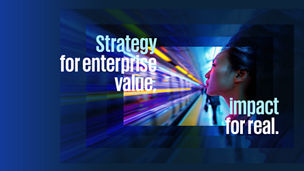 Mulher de perfil numa estação de metro com linhas de luz em movimento e o texto “Strategy for enterprise value, impact for real”.