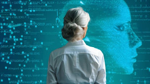 A woman from behind with a blue coded background 