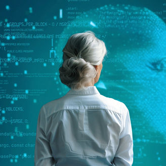 A woman from behind with a blue coded background 