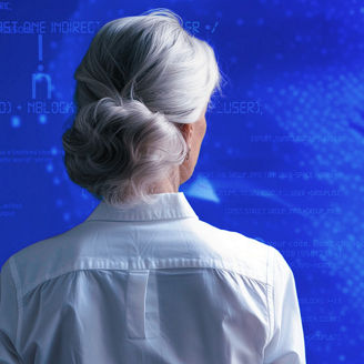 A woman from behind with a blue coded background