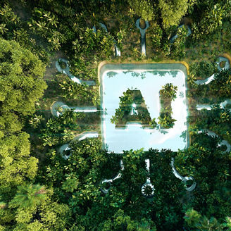 Representing the importance of AI agents for strategic ESG leadership in the form of an AI symbol in the middle of a jungle.