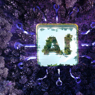 Representing the importance of AI agents for strategic ESG leadership in the form of an AI symbol in the middle of a jungle.