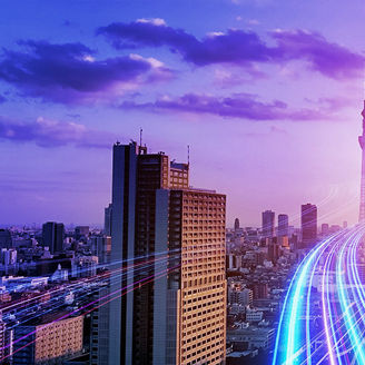 City skyline with river and abstract lines