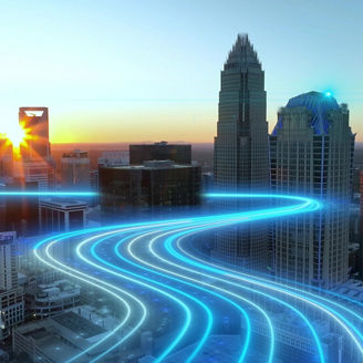 Futuristic city with glowing data lines