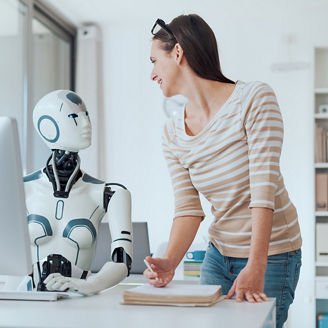 Woman talking to a robot