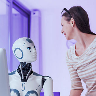 woman talking to a robot