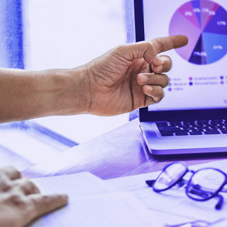 person pointing at a graph on a computer