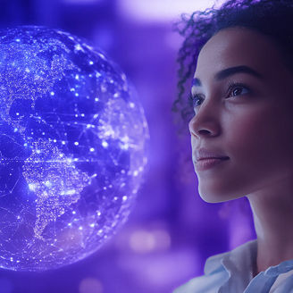 woman looking at globe hologram